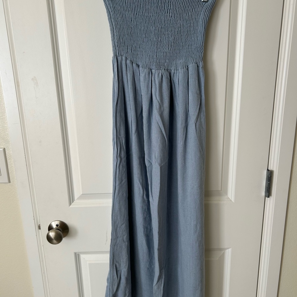 Smocked Strapless Maxi Dress in Dusty Blue